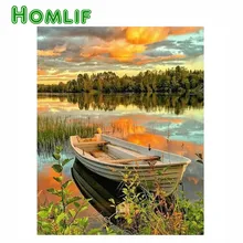 Полный квадратный/круглый дрель 5D DIY на заказ алмазная живопись "закат озеро лодка" 3D вышивка крестиком 5D домашний декор подарки