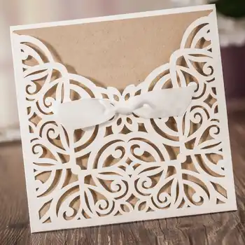 50pcs/lot Laser Cut Wedding Invitations Kraft Paper Ivory Shell Party Invitation Card Elegant Hollow Wedding Card Free Printing