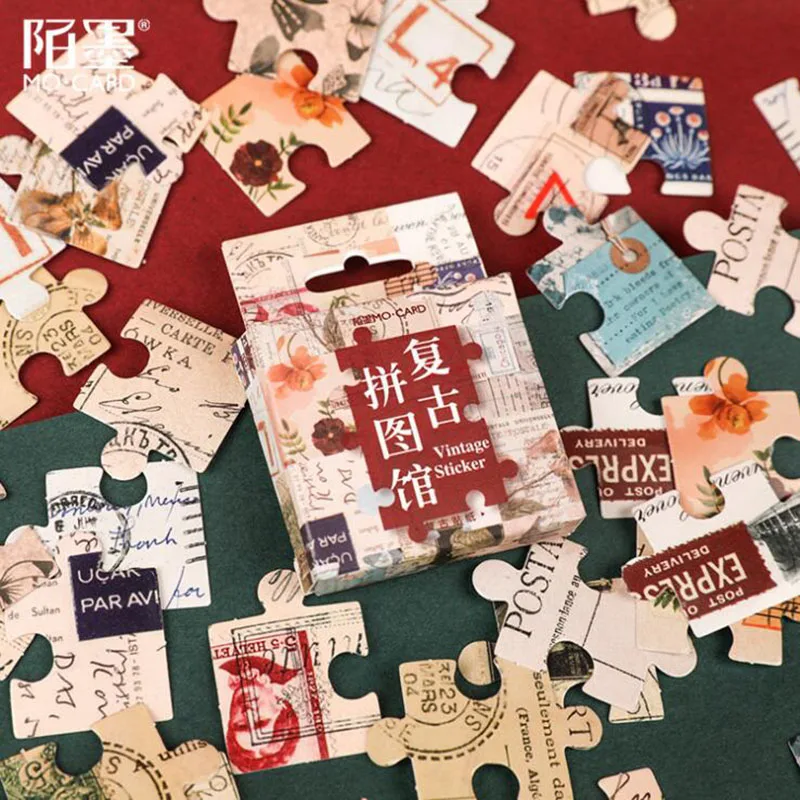 

46pcs/Box Retro Stamp Jigsaw Paper Sticker Packaging DIY Diary Album Thin Decorative Stickers Office Learning Sealing Stickers