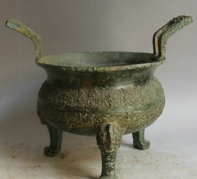 

JP S0524 14" Old Chinese Bronze Folk circular 3 Foot Beast Head Incense Burner Censer