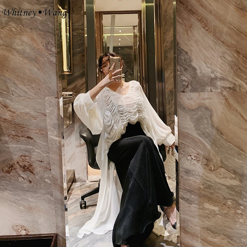 WHITNEY WANG 2019 весна лето мода уличная Ruched ласточкин хвост шифоновая блузка женские