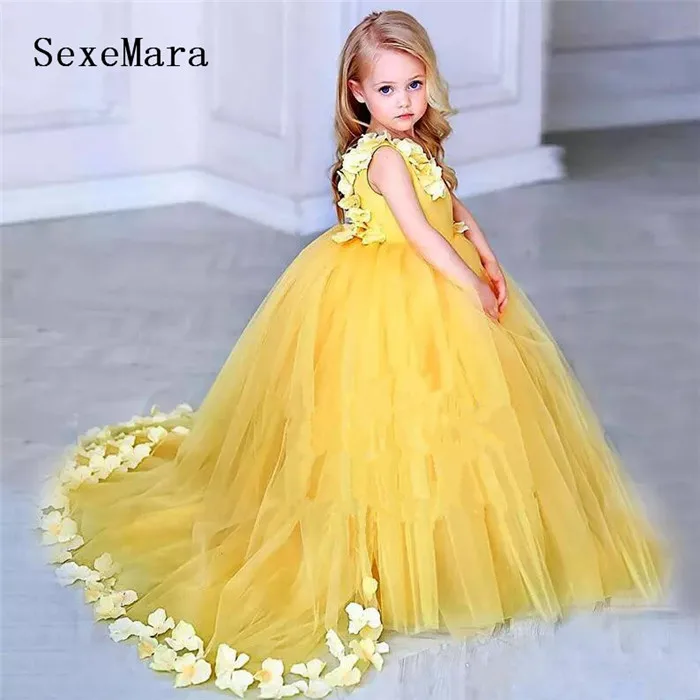 Yellow Flower Girls Dresses For Weddings V Neck Satin Tulle Ball Gown Children Christmas Dress Birthday Party | Детская одежда и