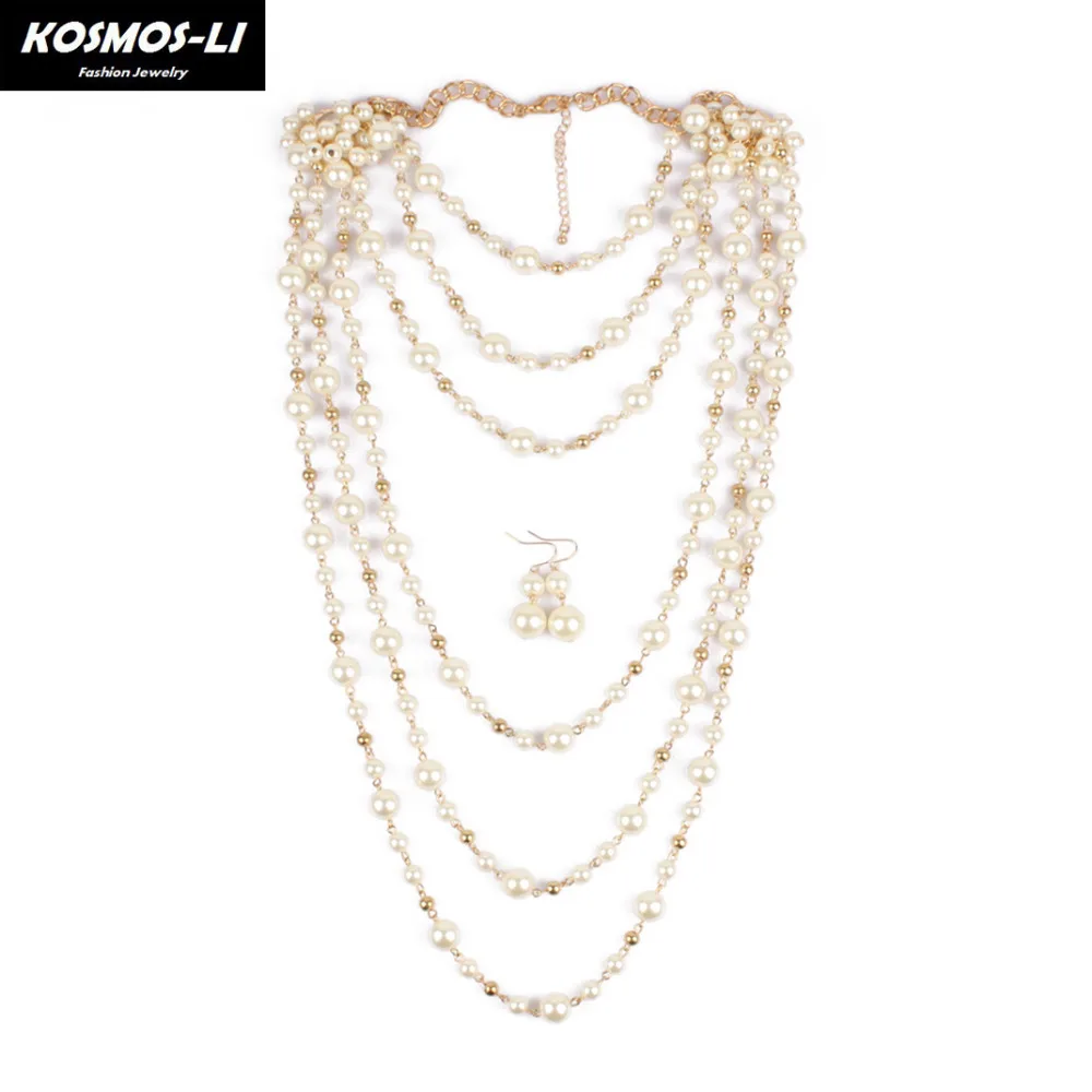 

KOSMOS-LI pearl jewelry trendy statement necklace simulated pearl beads gold plate multilayer women fashion bridal jewelry 6320