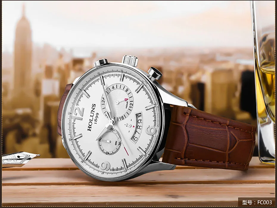 HOLUNS Men Leather Strap Watch 24 Hour Quartz Watches Casual Wristwatch Water Resistant Luxury Round Glass Dial Clock (28)