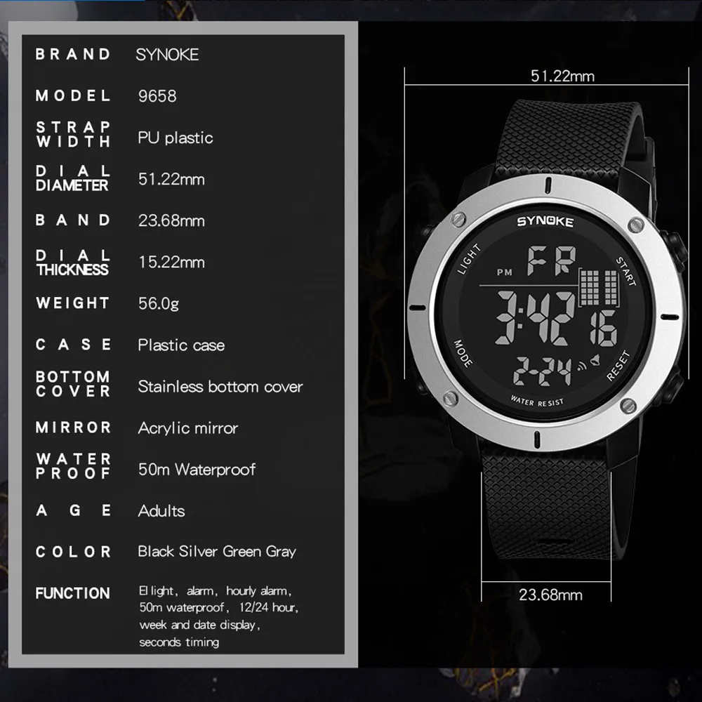 SYNOKE, мужские часы, многофункциональные, 50 м, водонепроницаемый, светодиодный, Двойное действие, спортивные часы, цифровые часы,, Relogio, спортивные мужские часы