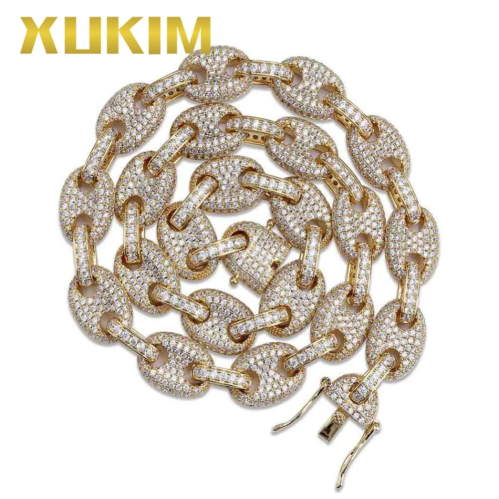 

Xukim Jewelry 12mm Iced Out Cubic Zirconia Gold Color Coffee Bean Necklace Hip Hop Link Chain Necklace Men Women Jewelry Gift
