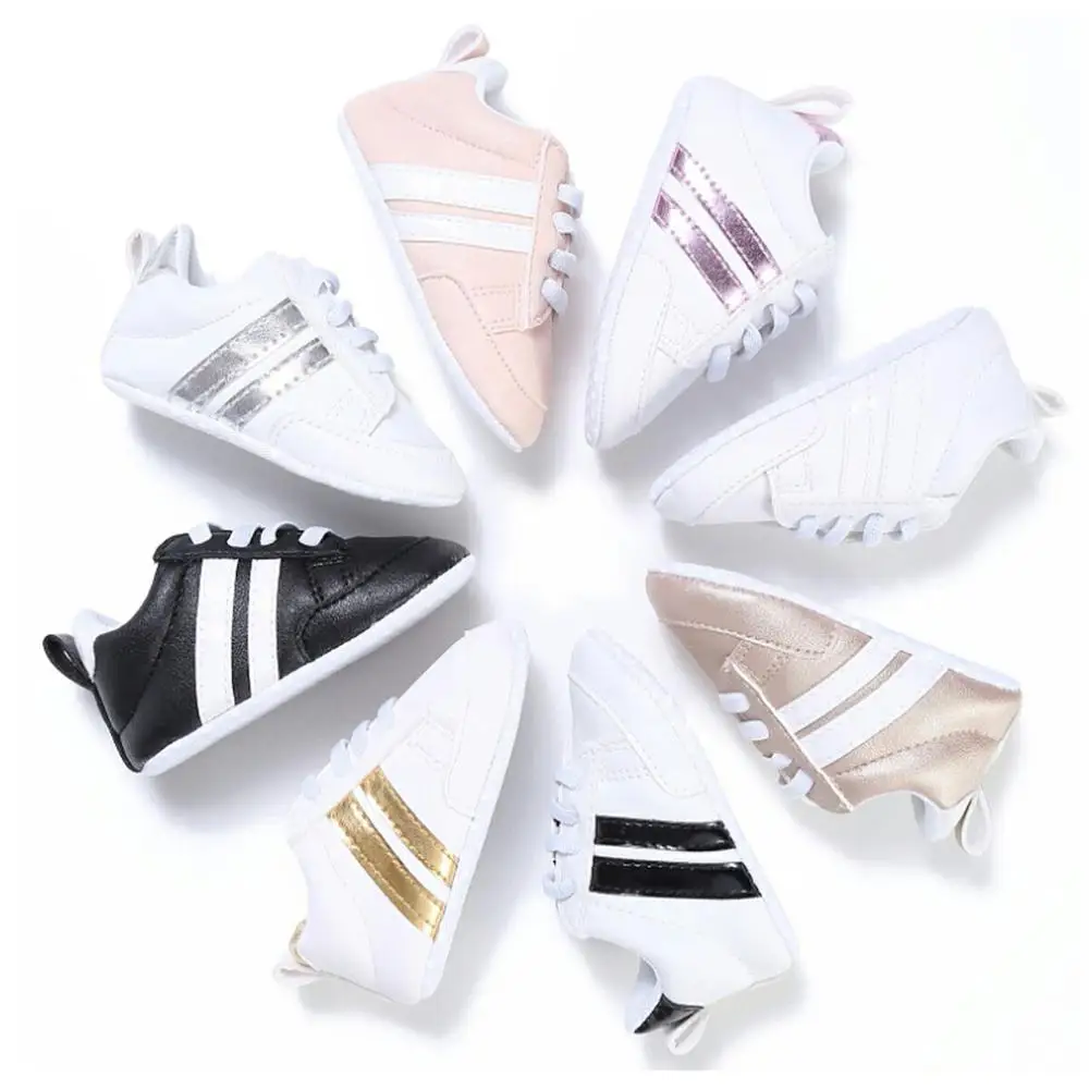 

First Walkers Spring Baby Sports Shoes Non-slip Soft Bottom Infant Toddler Shoes PU Leather Stripe Pattern Shoes Age 0-18M
