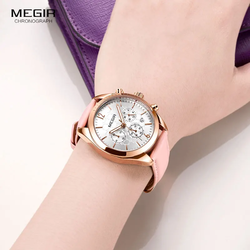 Megir Women's Luxury Dress Watches Leather Chronograph Quartz Wrist Watch Woman Lady Relogios Clock Top Brand 3Bar 2115 Pink Megir Women's Luxury Dress Watches Leather Chronograph Quartz Wrist Watch Woman Lady Relogios Clock Top Brand 3Bar 2115 Pink