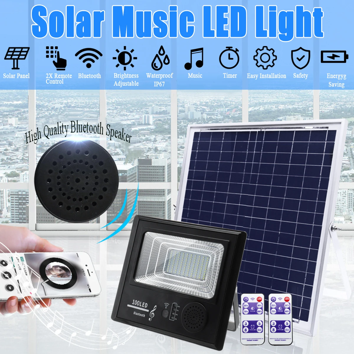 Livre da Lâmpada de Poupança de Energia à Prova Led de Energia Luz de Inundação ao ar Solar w 200 Ip67 Música Bluetooth Speaker d’ Água 50 – 100 192 300