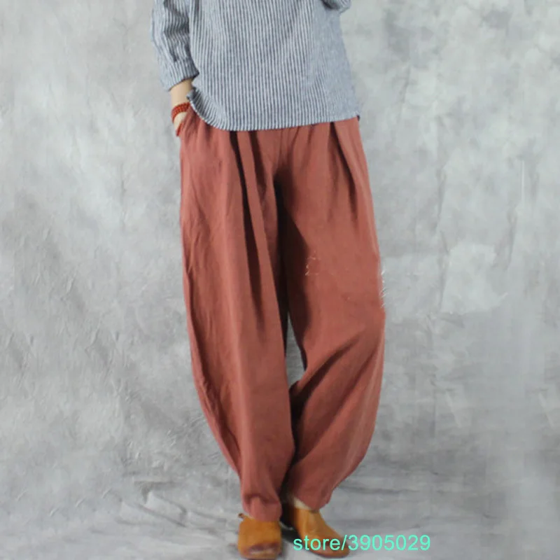 Women Harem Pants Vintage Plus Size Elastic Waist Linen Cotton Pants for Women Bloomers Female Robe