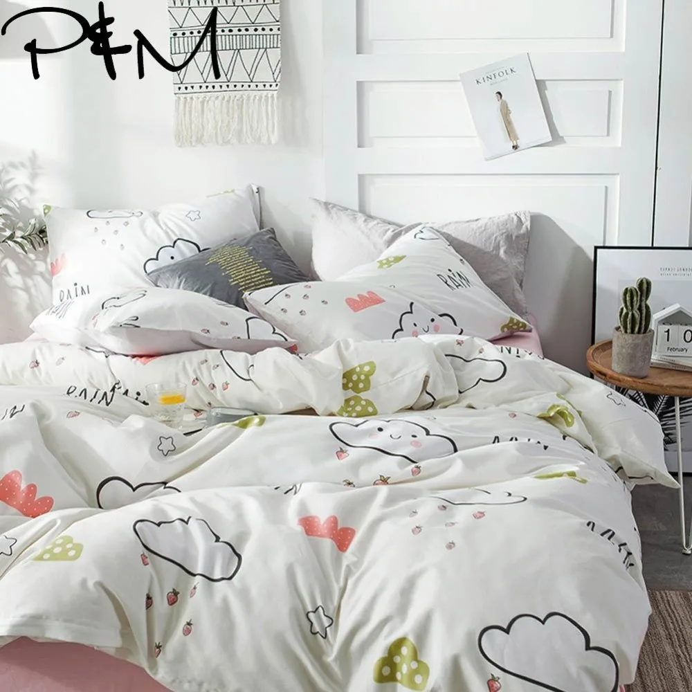 

PAPA&MIMA Clouds and strawberries print Cartoon style bedding sets cotton Twin Queen Size duvet cover set bedsheet pillowcases