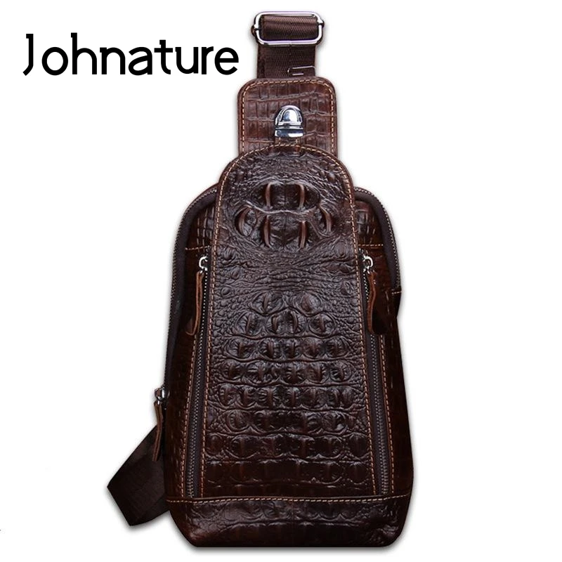 

Johnature 2020 New Genuine Leather Casual Alligator Zipper Soft Versatile Silt Pocket Chest Bags Men Shoulder & Crossbody Bags
