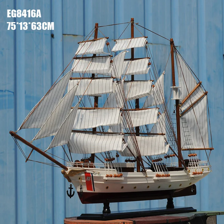 

High Quality Wooden Boat Home Decoration Crafts 75*13*63cm Smooth Solid Wood Ship Model Wooden Sailboat Wood Boat Model