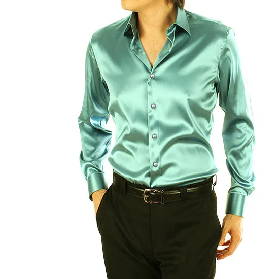 New Royal Blue Silk Satin Shirt Men 
