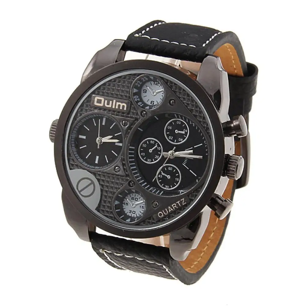 

LinTimes New in Box Oulm Military Genuine Black Leather 2 Timer Oversize Men`s Watch Cool