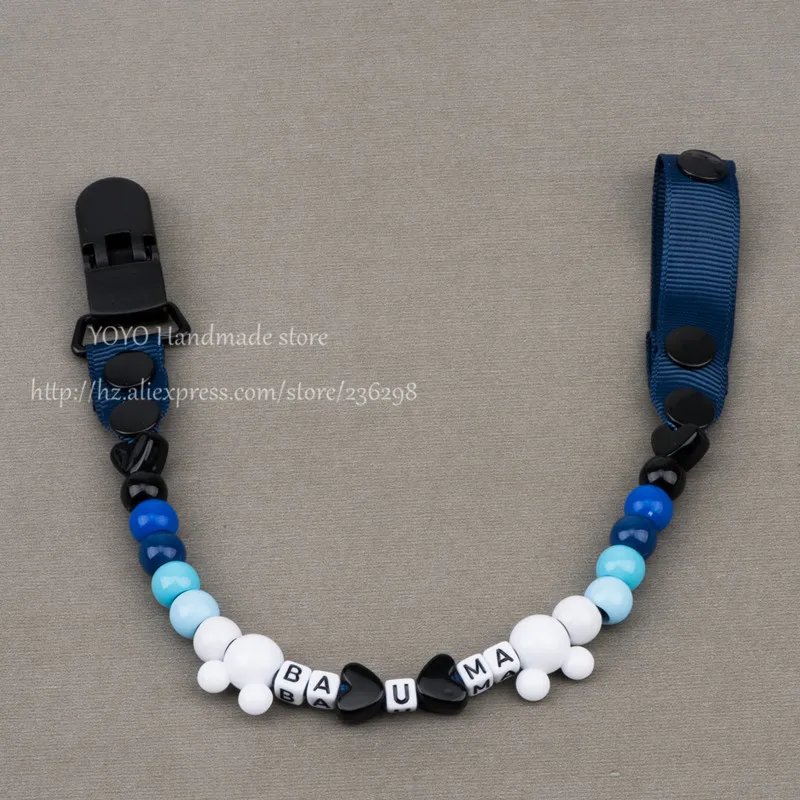 MIYOCAR Personalised -Any name 2016 Hand made blue white beads dummy clip holder pacifier clips soother chain for baby