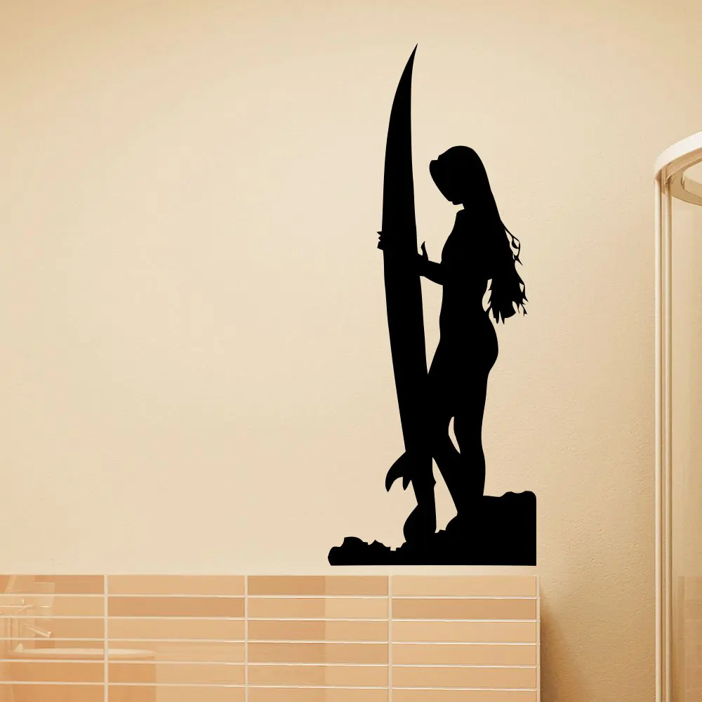 Surfing Sports Wall Decals Cool Surfer Girl Silhouette With Her Surf