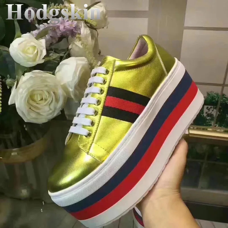

2019 New Fashion Runway Women Sneakers Ankle Lace-Up Stripe Platform Ladies Shoes Spring Autumn Soft Round Toe Pumps