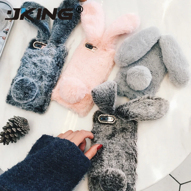 For iPhone 7 Case 3D Cute Rabbit Hairy Warm Fur Bling Rhinestone Plush Bunny Cover for XS 4 4S 5 5S SE 6 6S 8Plus |