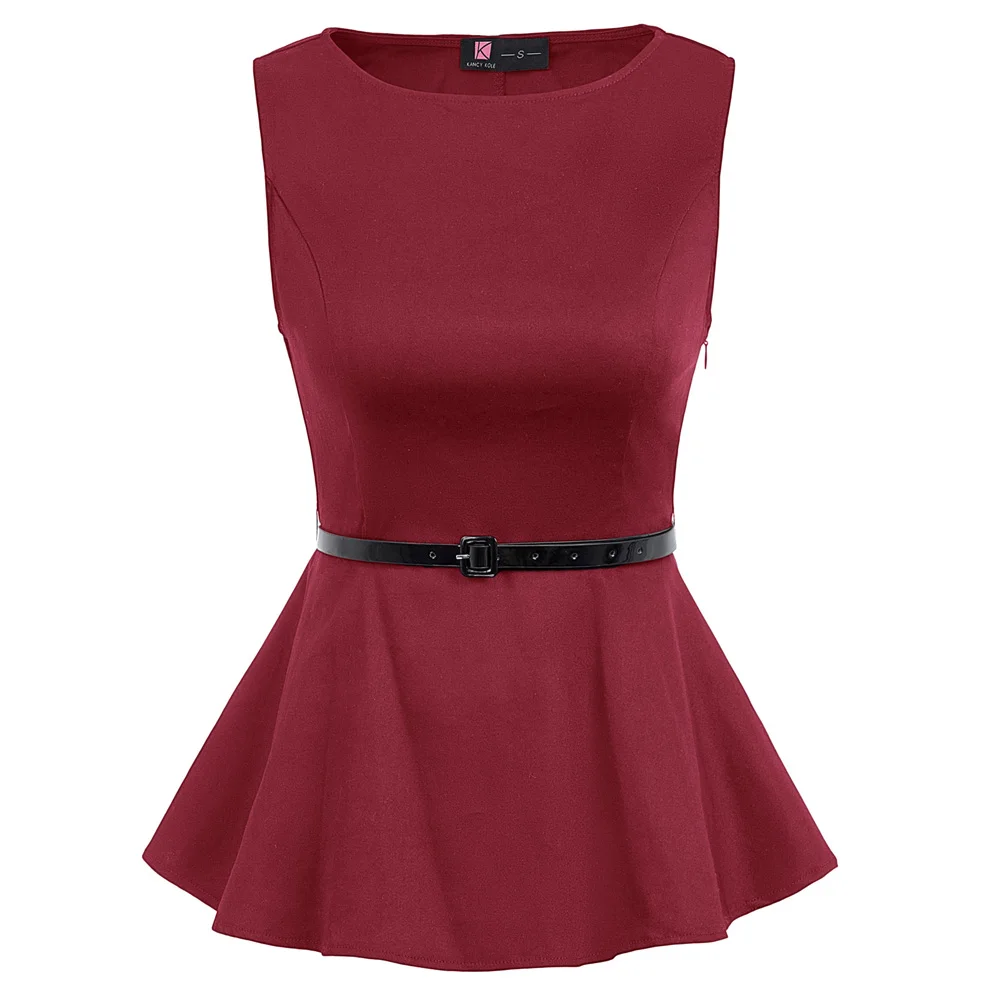 

vintage shirt Women summer business elegant office lady Floral Print blouse Sleeveless Scoop Neck Belt Decorated Peplum Hem Tops