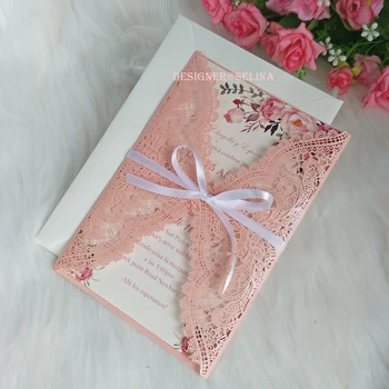 

Pink Lace Quinceanera Invitations with Customized Color Printing and White Ribbon Hollow DIY Invitation for Wedding