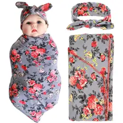 Пеленальное Одеяло и повязка на голову для новорожденных, хлопчатобумажное одеяльце, серый цветок