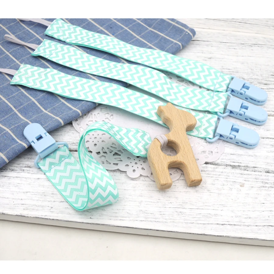 2018 New arrival print ribbon pacifier holder fabric pacifier chain beech wooden animal teether newborn gift CB06