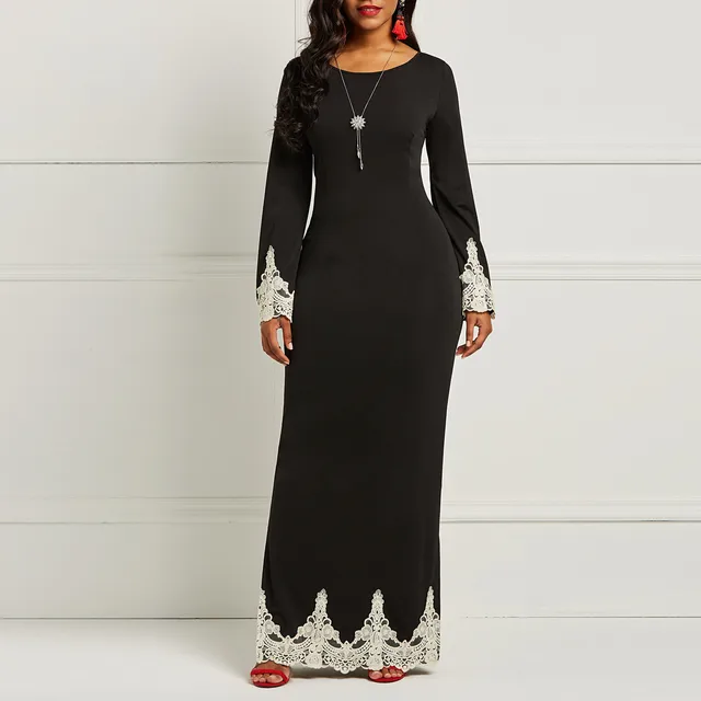 Clocolor Women Black Long Dress Elegant Lace Patchwork Autumn Wint