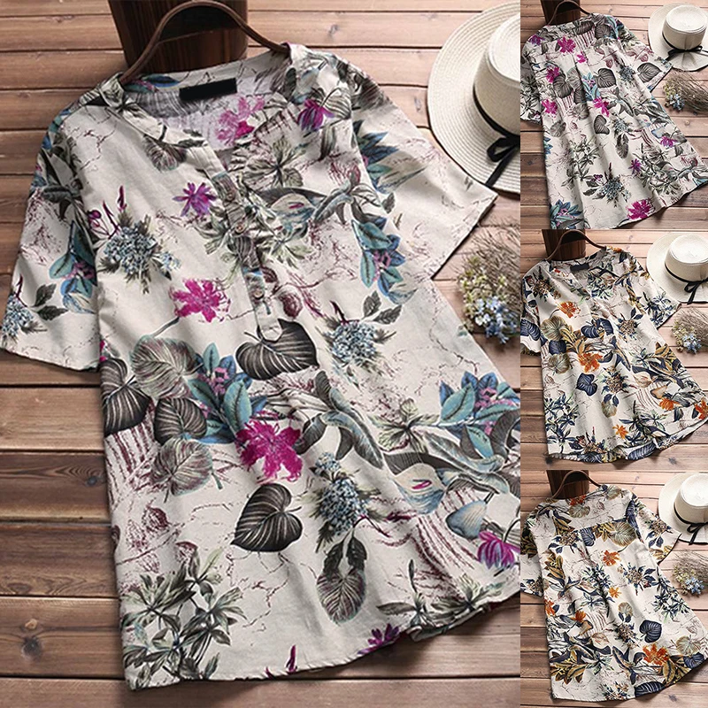 Women Linen Blouse Shirt 2019 Summer Short Sleeve Button Tops Women's V-Neck Floral Printed Casual Loose Shirts Femme Blusas