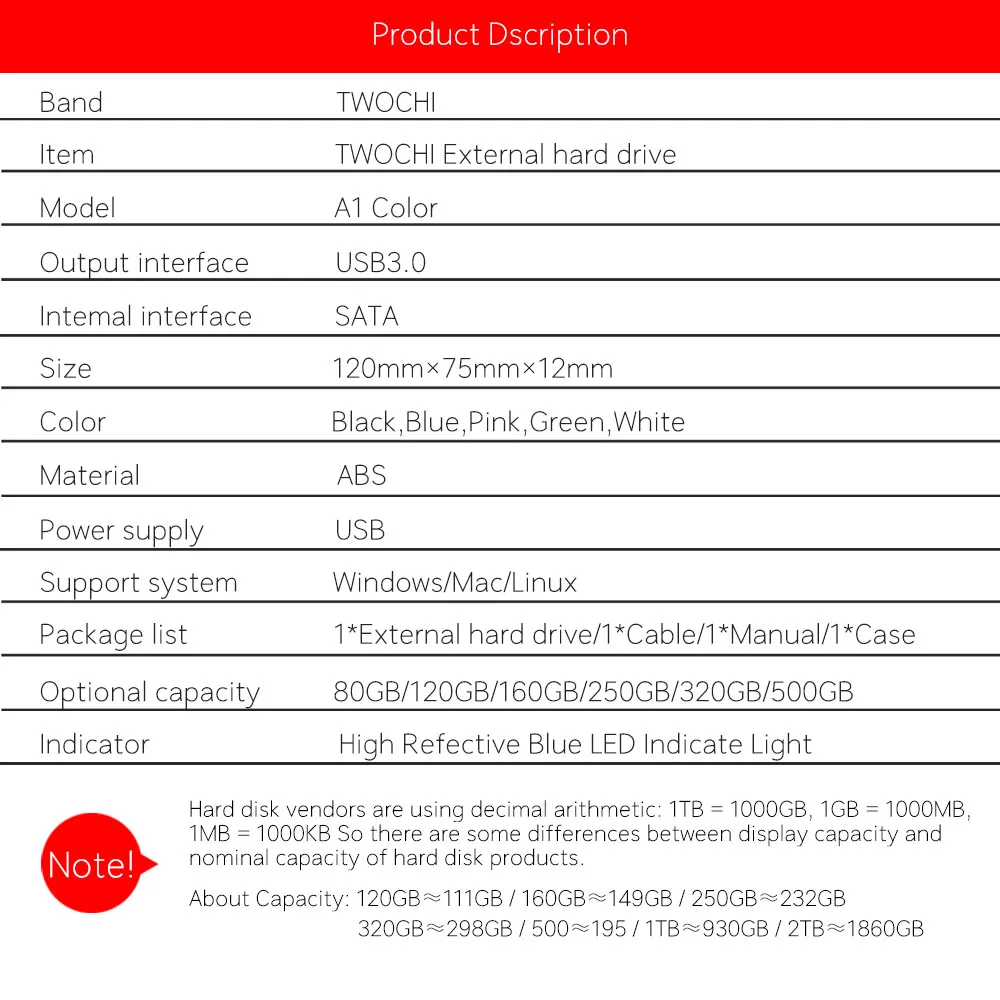 TWOCHI A1 2.5'' USB3.0 External Hard Drive 80GB/120GB/160GB/250GB/320GB/500GB Portable HDD Storage Disk Plug and Play for Pc/Mac TWOCHI A1 2.5'' USB3.0 External Hard Drive 80GB/120GB/160GB/250GB/320GB/500GB Portable HDD Storage Disk Plug and Play for Pc/Mac