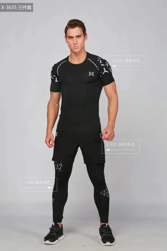 Крутой дизайн мужской костюм из трех предметов для бега Спортивная одежда для баскетбола, тренировок, фитнеса компрессионная Облегающая рубашка+ штаны+ шорты комплект из 3 предметов