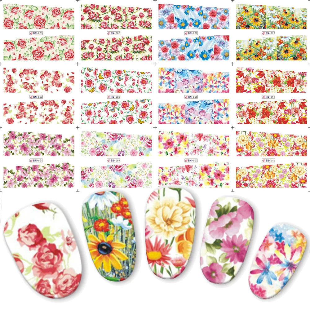 12 sets Colorful Flowers Nail Sticker Water Transfer Full Cover