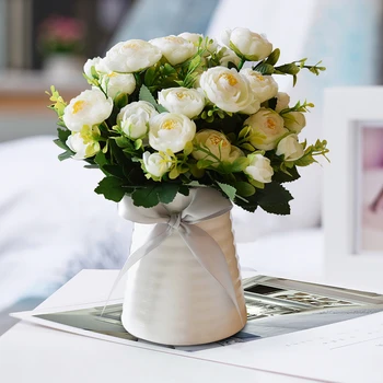 

Free Shipping Artificial Flower Bouquet Home Decoration Wedding Event and Party Living Tea Rose Flower Props Ceramic Vase Flower