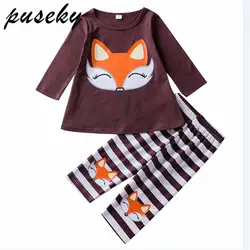 Puseky/Милая Детская осенняя одежда для девочек, длинная футболка с принтом лисы, топы + полосатые штаны, леггинсы, комплект из 2 предметов