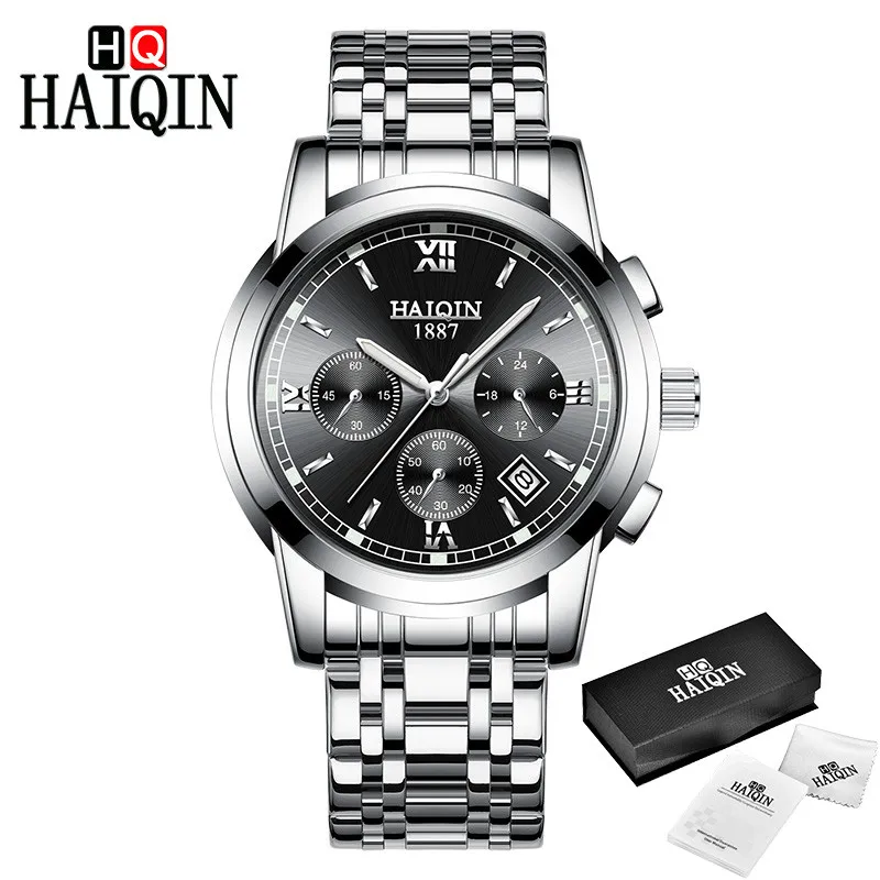 HAIQIN часы Для мужчин Топ Элитный бренд хронограф Для мужчин спортивные часы Водонепроницаемый полный Сталь кварцевые наручные часы Relogio Masculino - Цвет: Silver Black