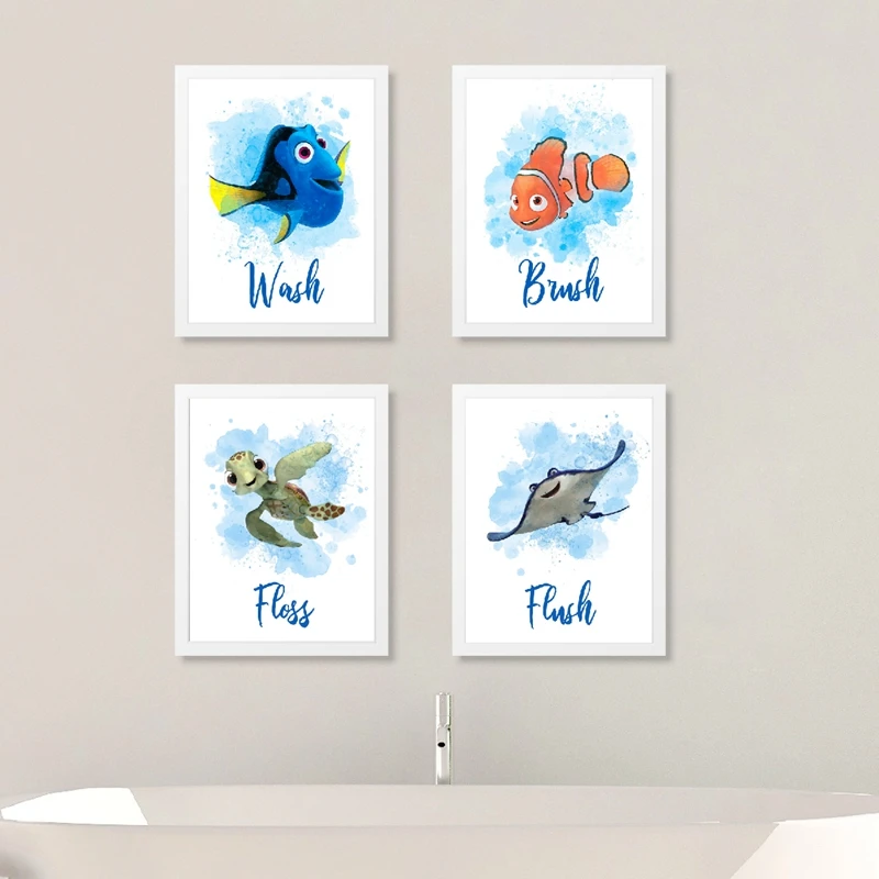 

Cartoon Animated Film Poster Print Nemo Watercolor Wash Brush Quote Bathroom Wall Art Canvas Painting Nursery Kids Room Decor