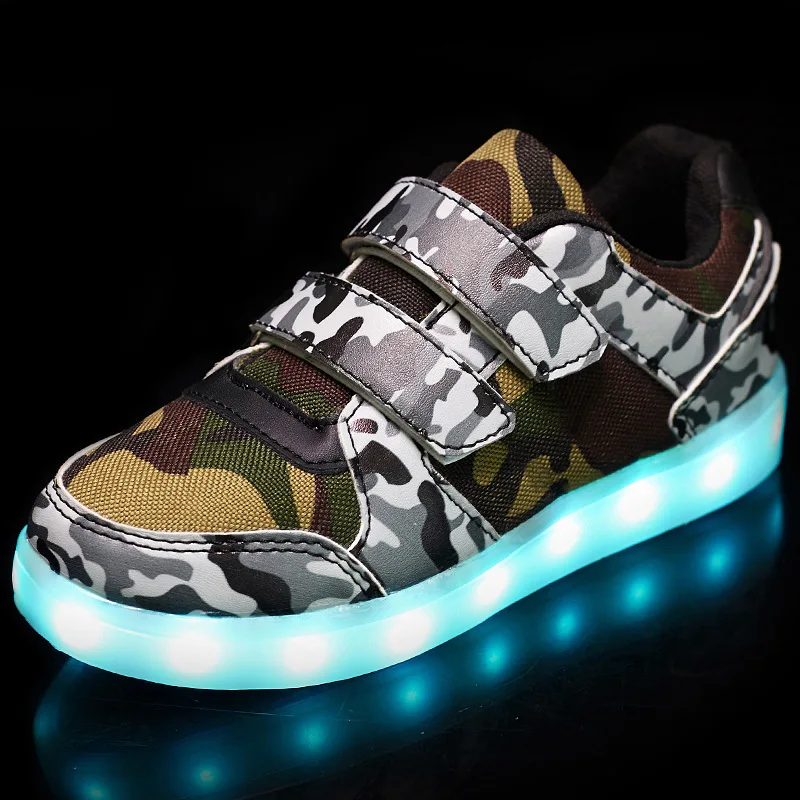 Размер 25-37 Детские кроссовки светящиеся кроссовки для мальчиков и девочек обувь с светильник красовки с подсветкой парусиновая обувь светящаяся - Цвет: led sneakers Camo