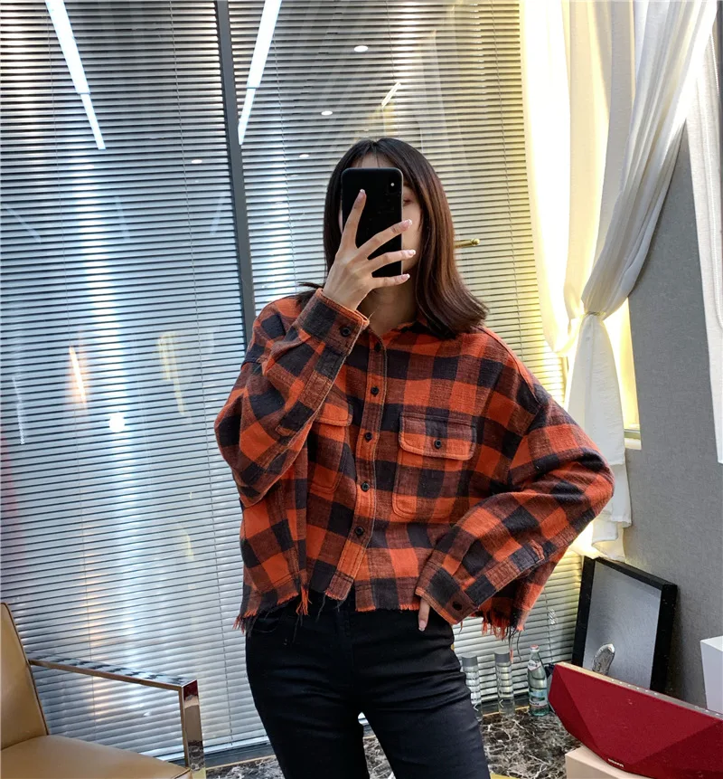 

Plaid Wash To Make Old Red Loose Thin High-end Women Shirt Stand Plaid Button Full Women Shirt Clothes 2019