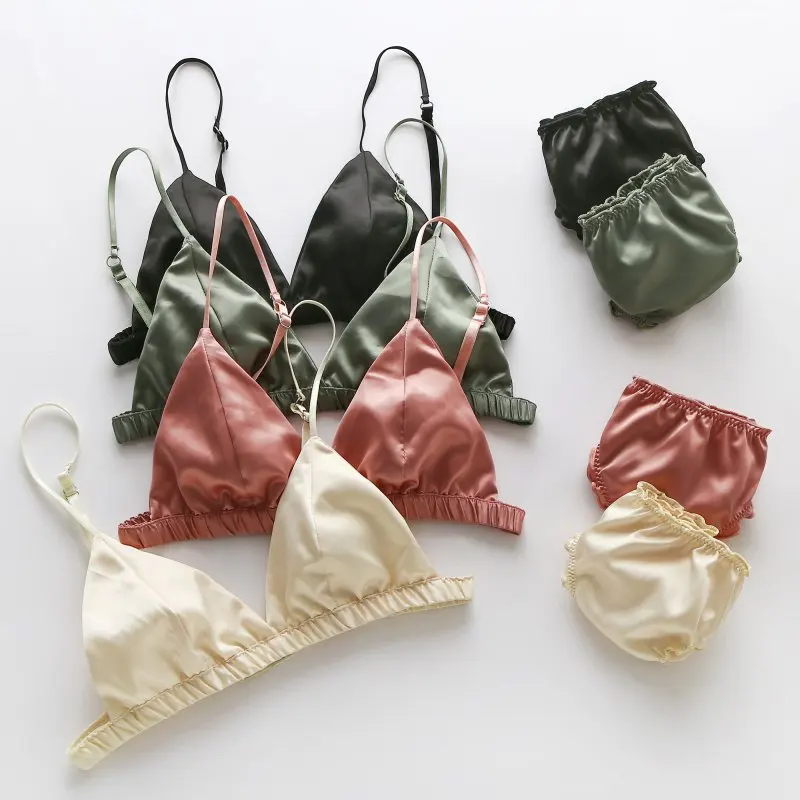 

Women Deep V Thin Pad Bras Ruffles Panties Intimates Suits Summer Bras Sets Glossy Lingerie Set