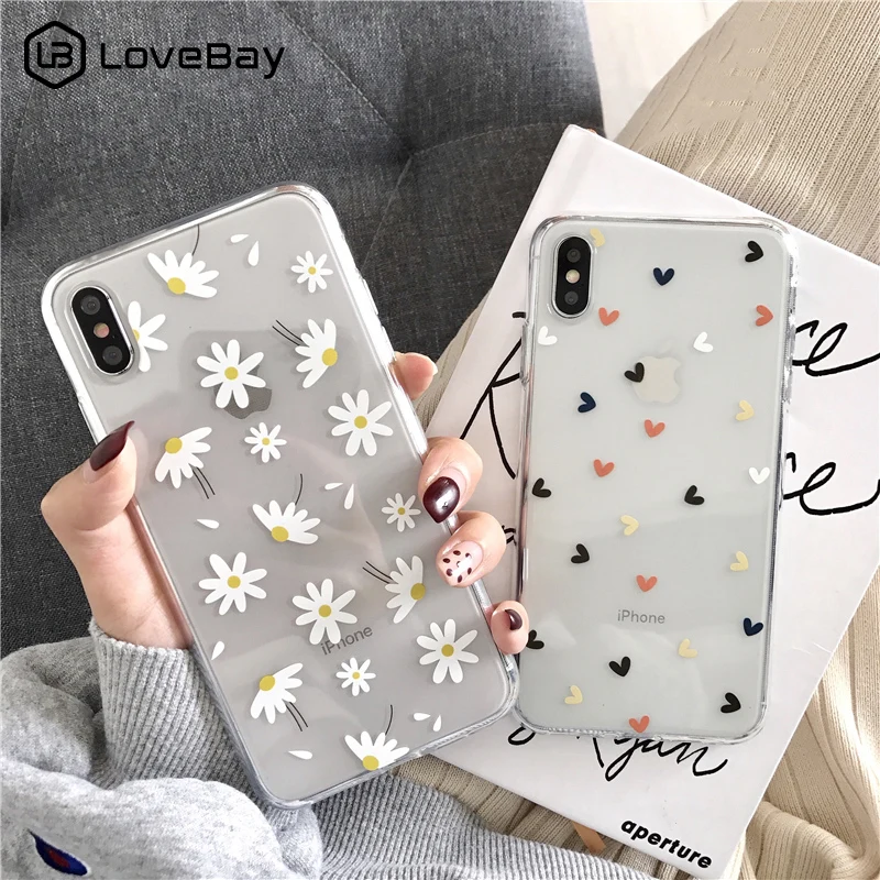 Lovebay, прозрачные чехлы для телефонов с ромашками для iphone X, XS, Max, XR, 6, 6 S, 7, 8 Plus, чехлы с цветочным принтом, с сердечками, силиконовые чехлы на заднюю панель