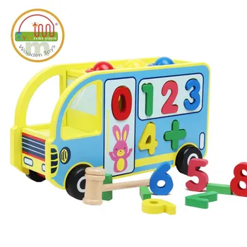 

The wooden figure knock the ball car Understanding Digitalchildren's educational toys hand Trailer Building Blocks