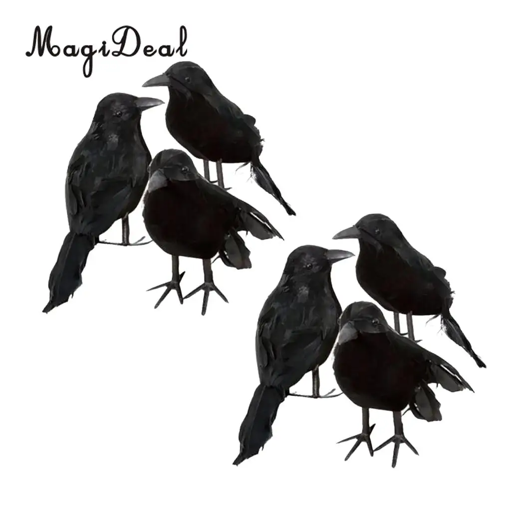MagiDeal 6pcs Halloween Stuffed Feather Crow Bird Black Ravens Fancy Dress Prop Decor Home Decorations Ornament Figurines