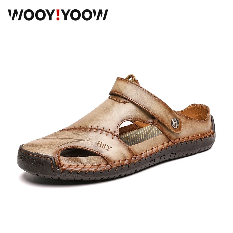 

WOOY!YOOW Men's Sandals Genuine Leather Male Slippers Summer New Large Size Casual Fashionable Beach Shoes Non-Slip Soft Bottom