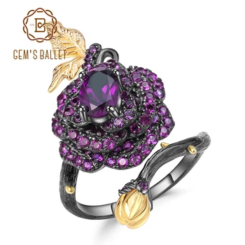 

GEM'S BALLET Real 925 Sterling Silver Rose Flower Open Rings 0.81Ct Natural Amethyst Handmade Adjustable Ring for Women Wedding