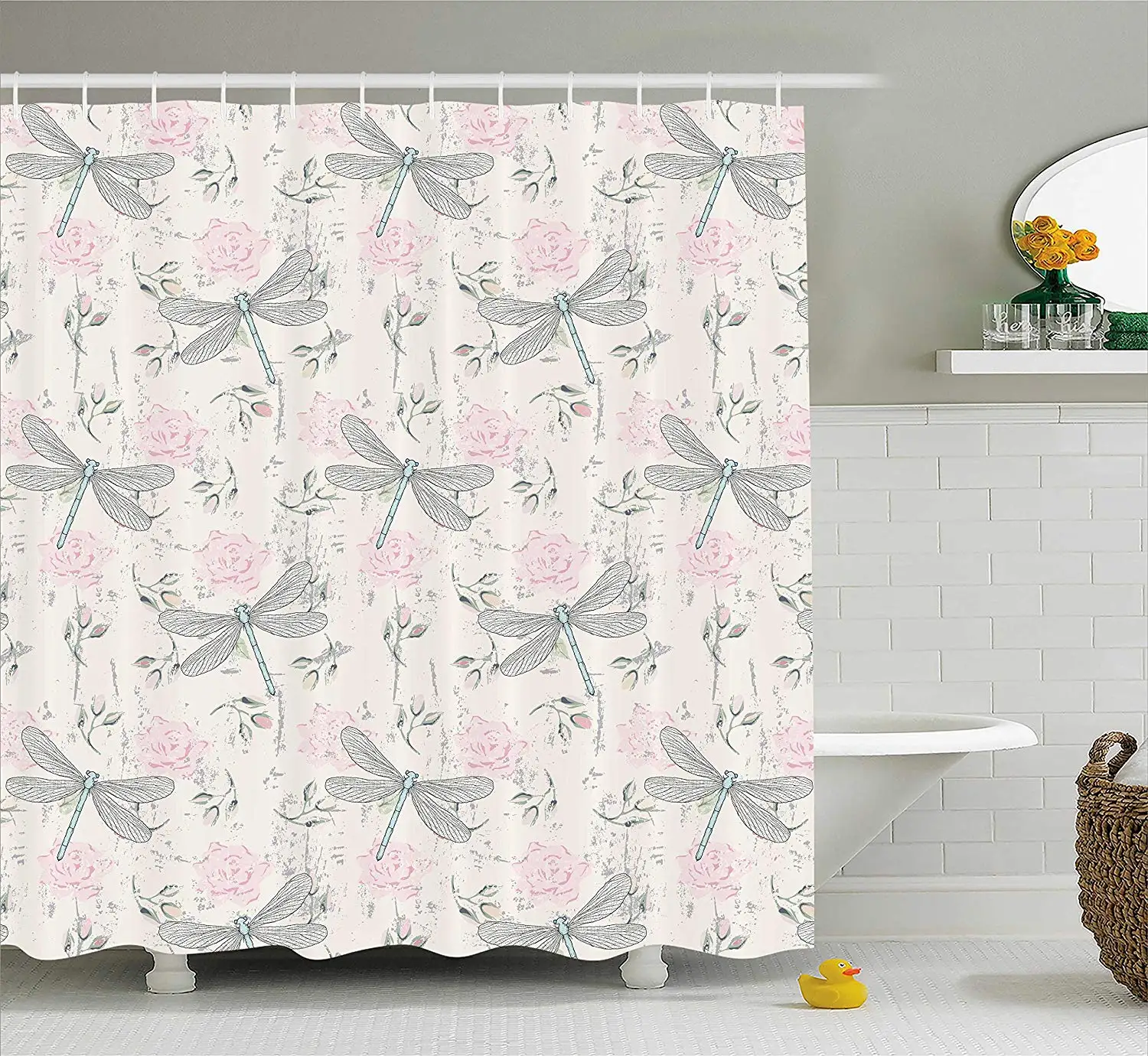 Dragonfly Shower Curtain Shabby Chic Roses Worn Old Vintage Backdrop with Moth Bugs Print Fabric Bathroom Decor Set Hooks | Дом и сад