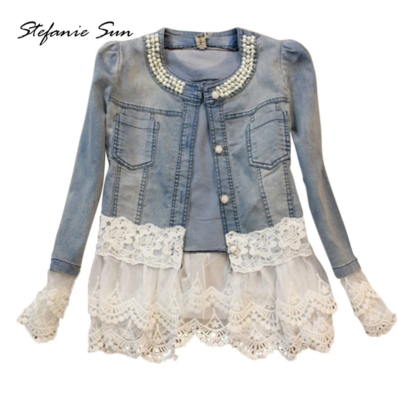 

Autumn Denim Clothes Fashion Long Sleeve Neck With Pearls Lace Coat Outwear Slim Winter Trench