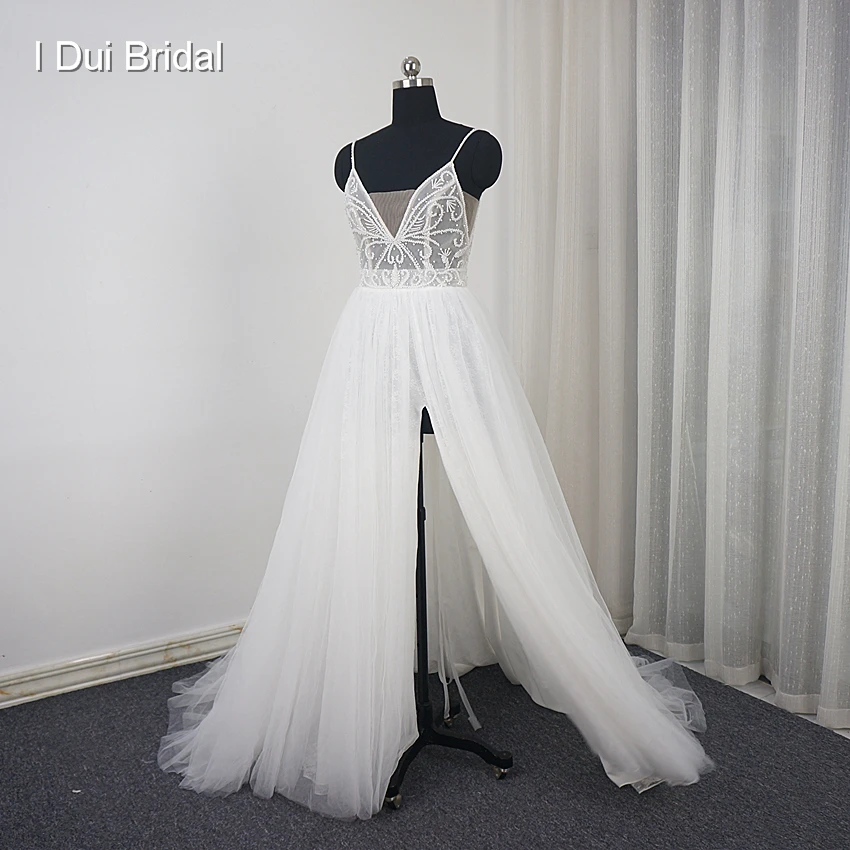 

Spaghetti Strap Split Wedding Dress with Luxury Beading Tulle Layer Romantic