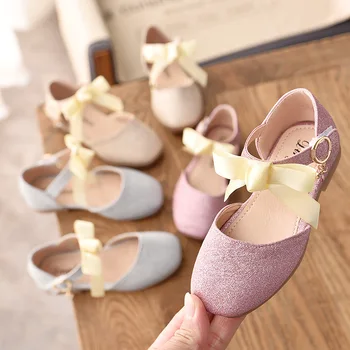 

Girls Sandals Spring Summer Leather Shoes For Big Girl Kids Flats Breathable Sweet Princess Glitter Leather Flats Bowtie Soft