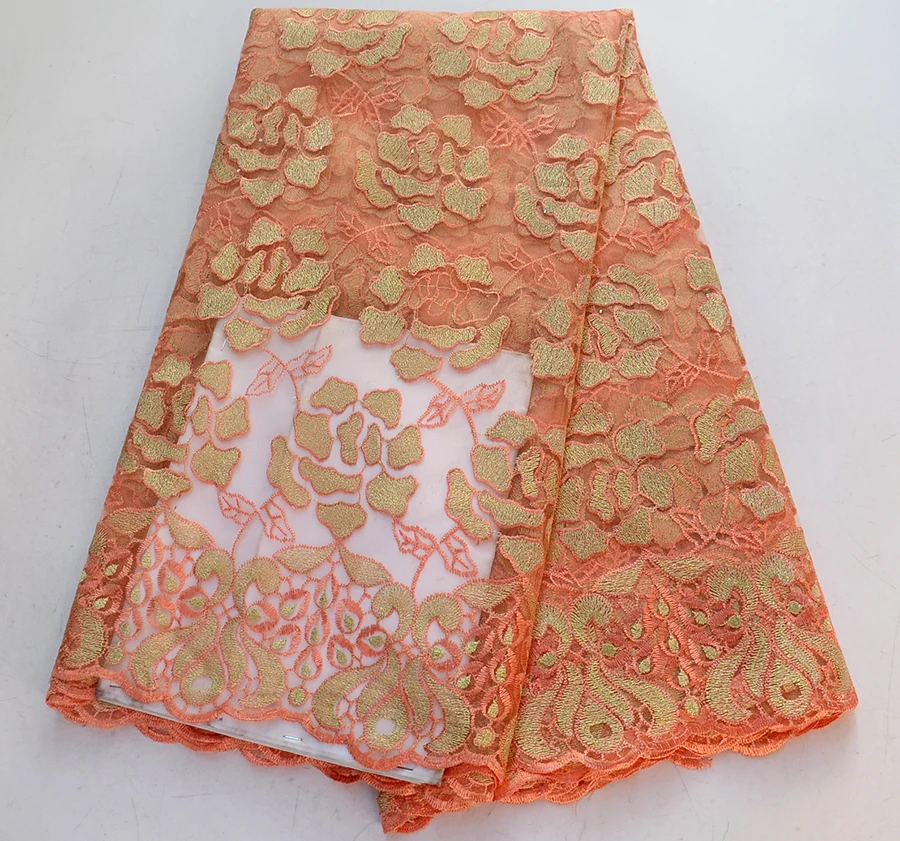 

French Net Lace Fabric 2018 Latest African Lace Fabric With Embroidery Mesh Tulle Lace Fabric High quality Nigerian Lace Peach