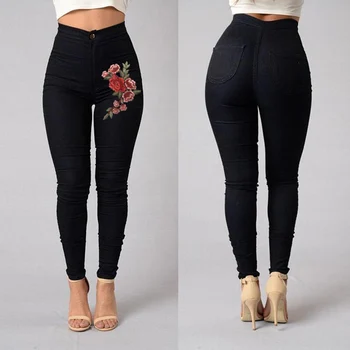 

Plus Size 3XL Embroidery Flower Pants Women's High Waist Stretch Pencil Pants Skinny SpringCasual Pencil Pants JH803009